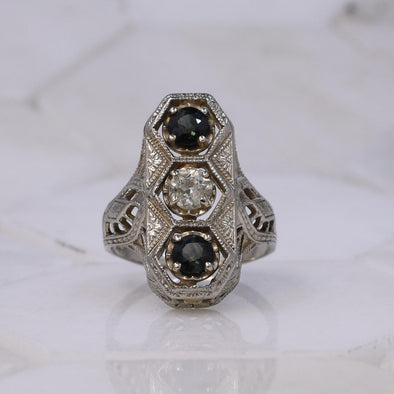 Circa 1920's Art Deco 3 Stone Shield Ring w Peacock Parti-Color Sapphires