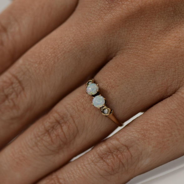 Victorian Two Opal Gold Ring with Seed Pearl Accents