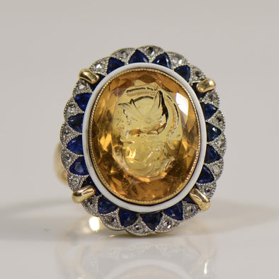 Edwardian Yellow Gold & Platinum Large Citrine Carved Cameo W/ Diamond Halo Ring