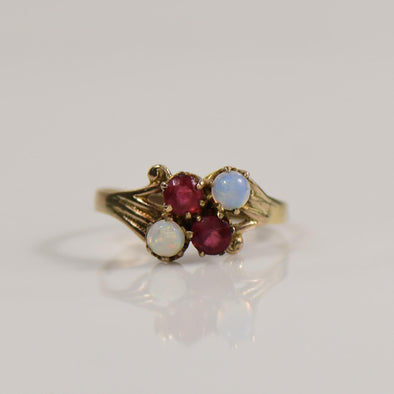 Victorian Opal and Garnet Split Shank Four Stone Antique Gold Ring