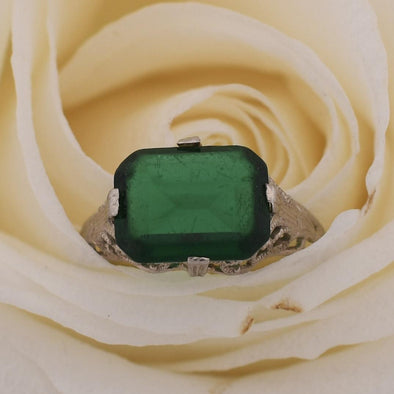 Green Emerald Cut Gem Filigree Art Deco Ring