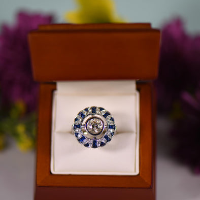 1.38ct Old Euro Diamond Art Deco Inspired Bezel Set Ring Sapphire & Diamond Halo