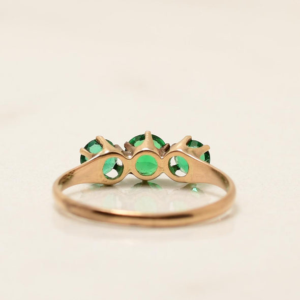 Victorian 10K Yellow Gold Antique Green Glass Three Stone Ring
