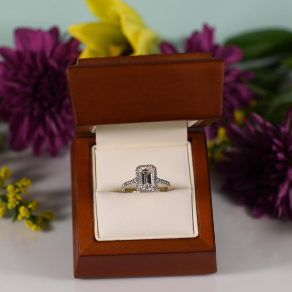 1.71ct Emerald Cut GIA Diamond Engagement Ring w Halo in 14K White Gold