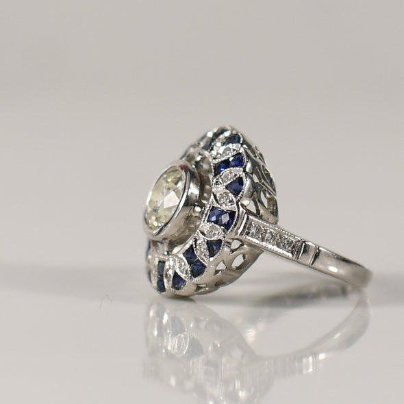 1.38ct Old Euro Diamond Art Deco Inspired Bezel Set Ring Sapphire & Diamond Halo