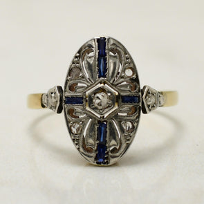 Circa 1920's Art Deco Antique Two Tone Sapphire & Diamond Vintage Shield