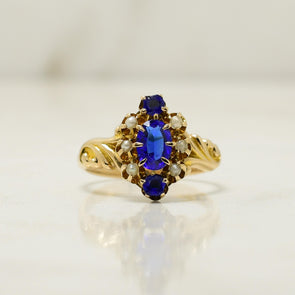Circa 1900's Victorian Style 14K Yellow Gold Deep Blue Gem and Seed Pearl Ring