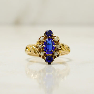 Victorian Style 14K Yellow Gold Deep Blue Gem and Seed Pearl Ring