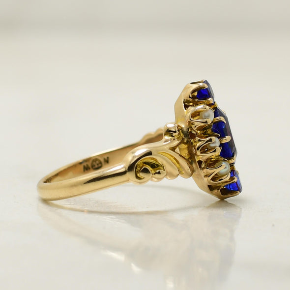 Victorian Style 14K Yellow Gold Deep Blue Gem and Seed Pearl Ring