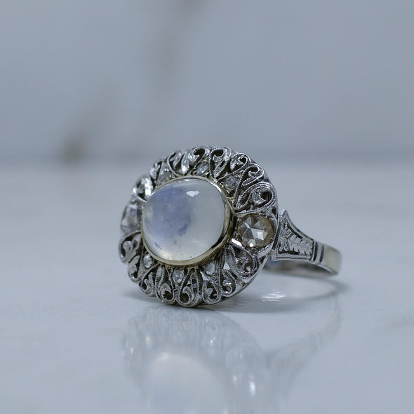 1910's Edwardian 18K 5Ct Moonstone Antique Filigree with Diamond Halo Ring