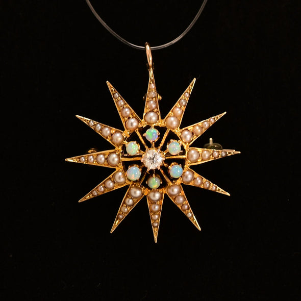 Victorian Star Burst Diamond Opal & Pearl Antique Converter Pendant / Brooch