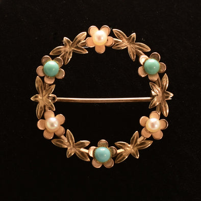 Turquoise & Pearl 9K Vintage Floral Brooch P-923FI-N