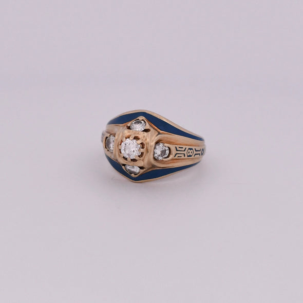 Vintage 10K Yellow Gold Blue Enamel 1/2 Ct Round Brilliant Cut Diamond Ring