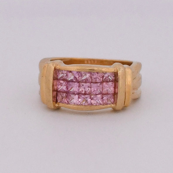 Vintage  Pink Sapphire 18K Yellow Gold Invisible Set Princess Cut Ring