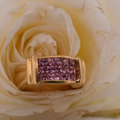 Vintage  Pink Sapphire 18K Yellow Gold Invisible Set Princess Cut Ring