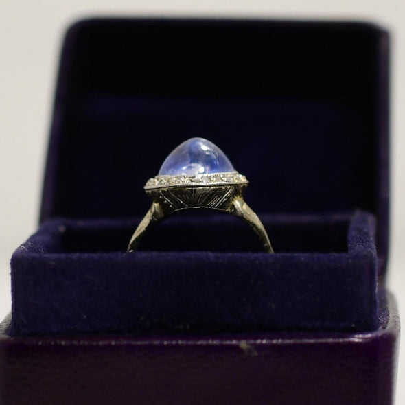 Art Deco No Heat Blue Sapphire With Diamond Halo Ring