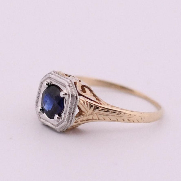 Art Deco Sapphire Solitaire 14K Two Tone Engraved Filigree Ring