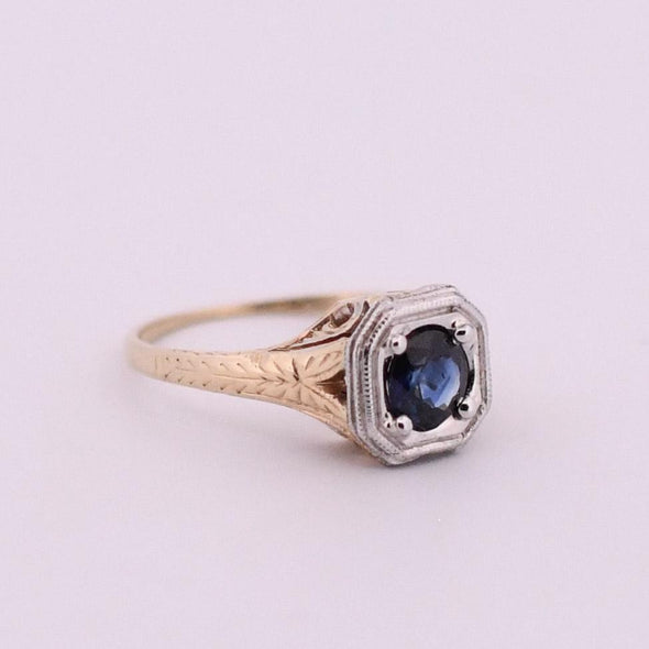 Art Deco Sapphire Solitaire 14K Two Tone Engraved Filigree Ring