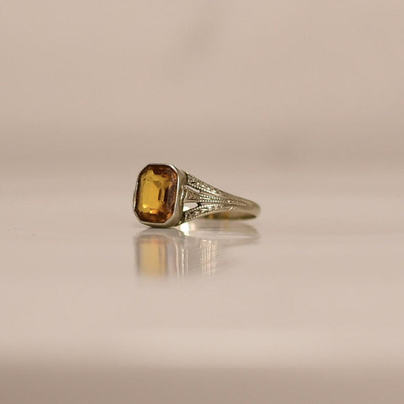 Faceted Orange Glass Split Shank 10K White Gold Art Deco Ring R-923AT-G65
