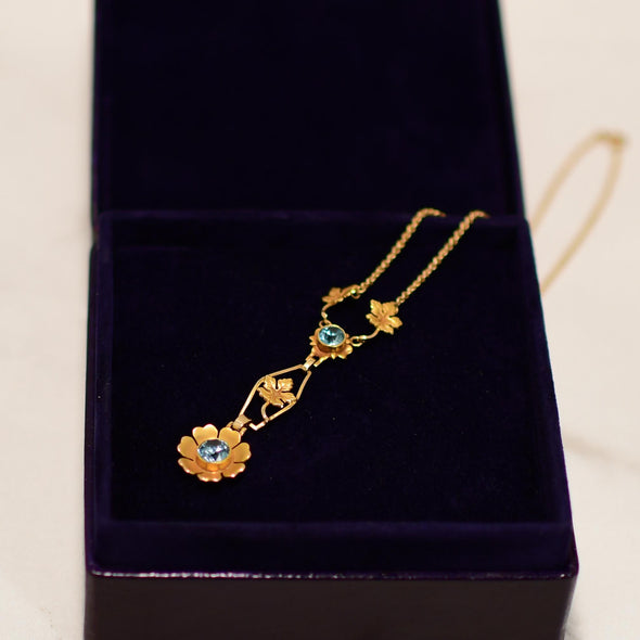 Art Deco Blue Zircon Floral Gold Drop Pendant Necklace