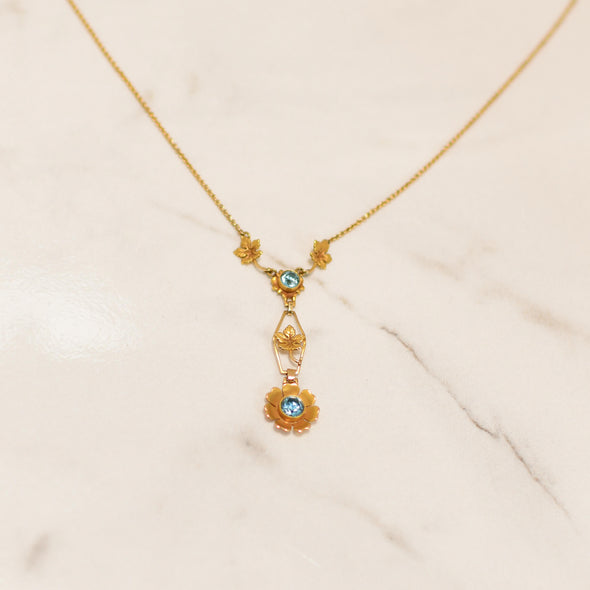 Art Deco Blue Zircon Floral Gold Drop Pendant Necklace