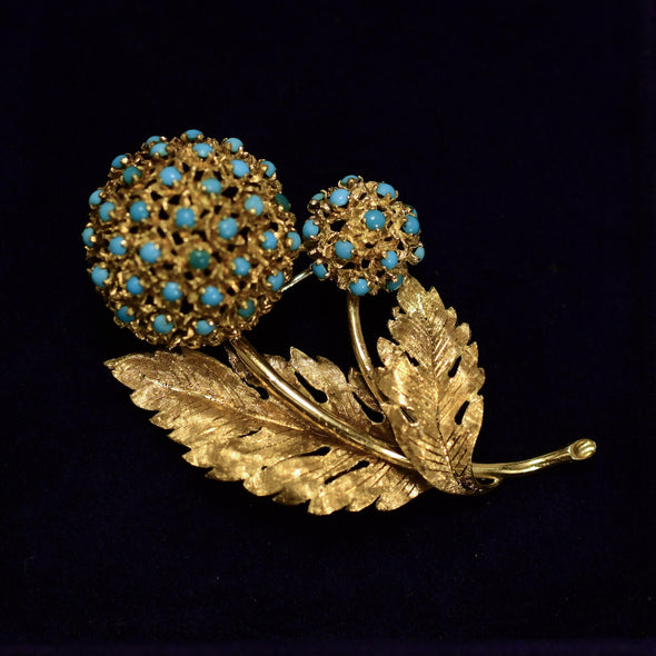 Vintage Turquoise Floral Brooch 18K Gold