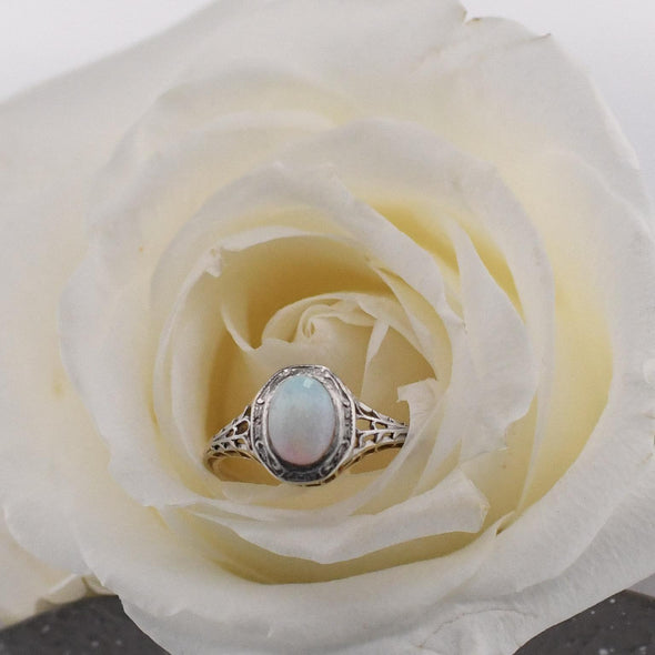 Opal Filigree Ring 14K Yellow Gold With Platinum Top