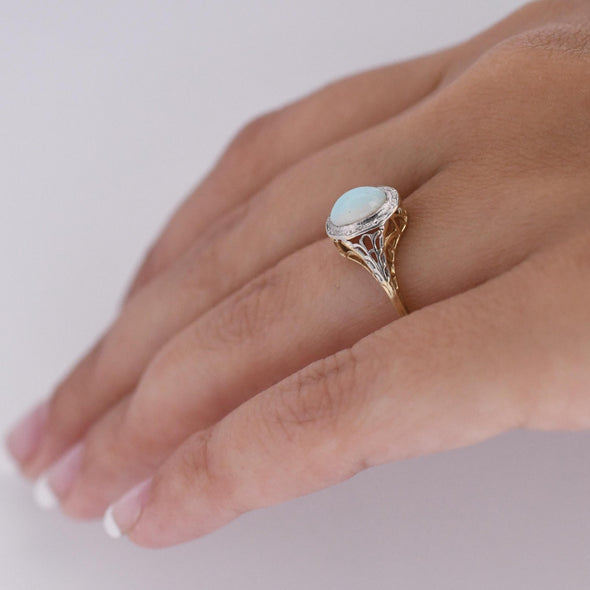 Opal Filigree Ring 14K Yellow Gold With Platinum Top