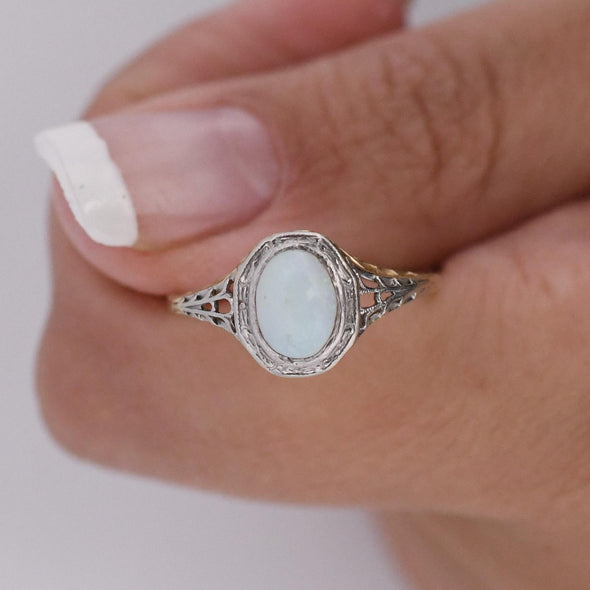 Opal Filigree Ring 14K Yellow Gold With Platinum Top