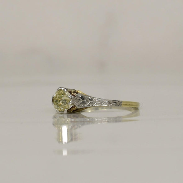 Edwardian Half Carat Yellow Old Miner Cut Diamond Two Tone 14K Solitaire Ring