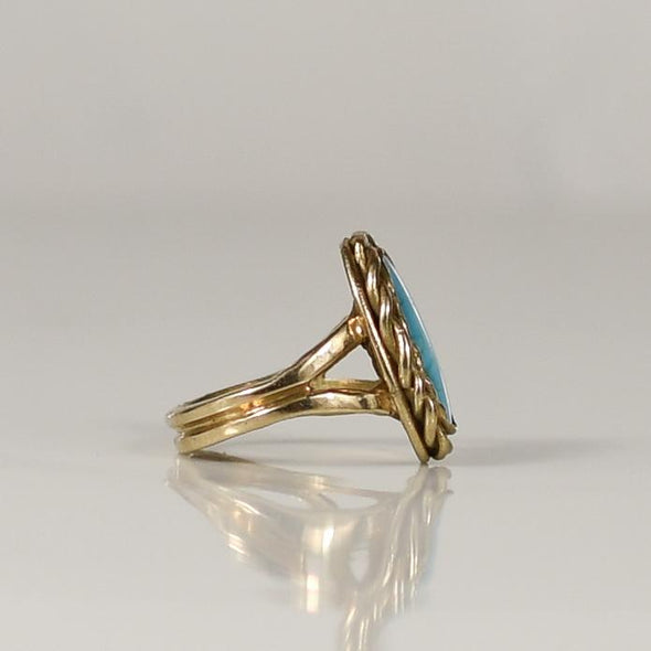 Turquoise 14K Yellow Gold Rope Border Ring