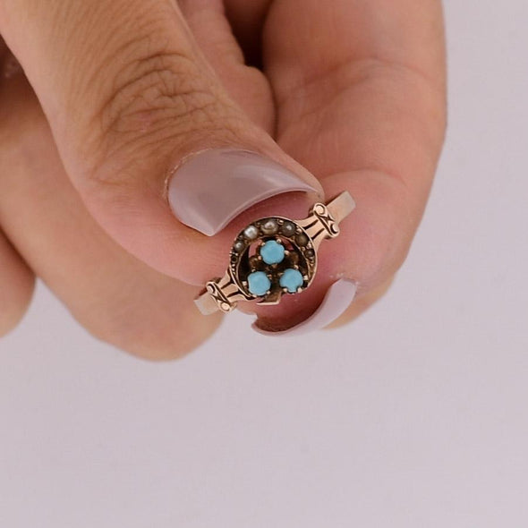 Turquoise & Pearl Crescent Moon Victorian Ring