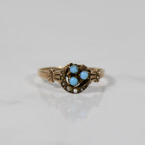 Turquoise & Pearl Crescent Moon Victorian Ring