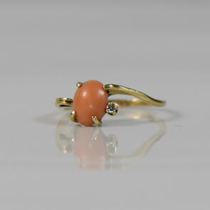 Vintage Coral Cabochon Ring with Single Cut Diamond accent