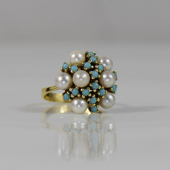 Vintage Turquoise and Pearl Cluster High Karat Gold 18K+ Ring