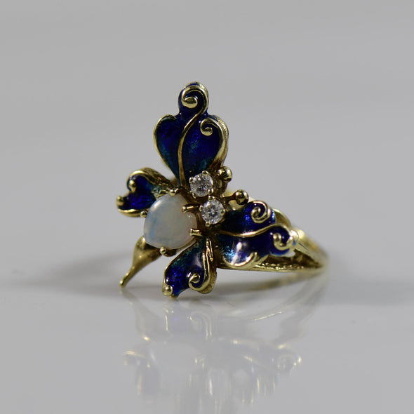 Opal and Blue Enamel Butterfly Ring with single cut Diamonds