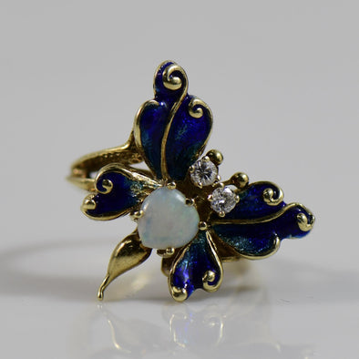 Opal and Blue Enamel Butterfly Ring with single cut Diamonds