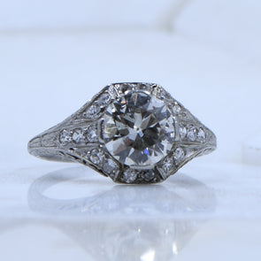 Dated 1924 Art Deco Platinum 1.55Ct Diamond, Filigree Detailed Ring