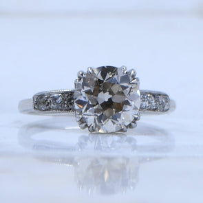 Circa 1930's Art Deco 18K White Gold Over 2Ct Old Mine Cut Diamond Ring