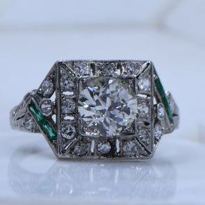 Circa 1920's Art Deco Platinum 1.26 Ct GIA Certified Diamond and Emerald Ring