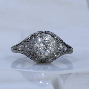 Circa 1901 Edwardian Platinum .98Ct Diamond Antique Filigree Engagement Ring