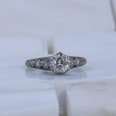 Circa 1910's Edwardian Platinum .93 ct Old European Cut Diamond Engagement Ring