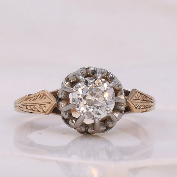 1920's Art Deco Two Tone Vintage Old European Cut "Fleur Di Lis" Solitaire Ring