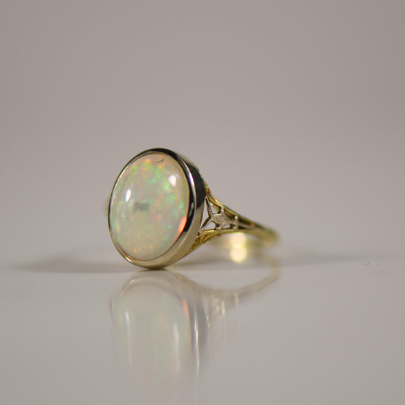 1920's Art Deco 14K Two Tone Bezel Set 4.5ct Oval Opal Cabochon Solitaire Ring