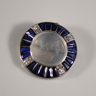 Art Deco Platinum Moonstone Cameo W/ Synthetic Sapphires