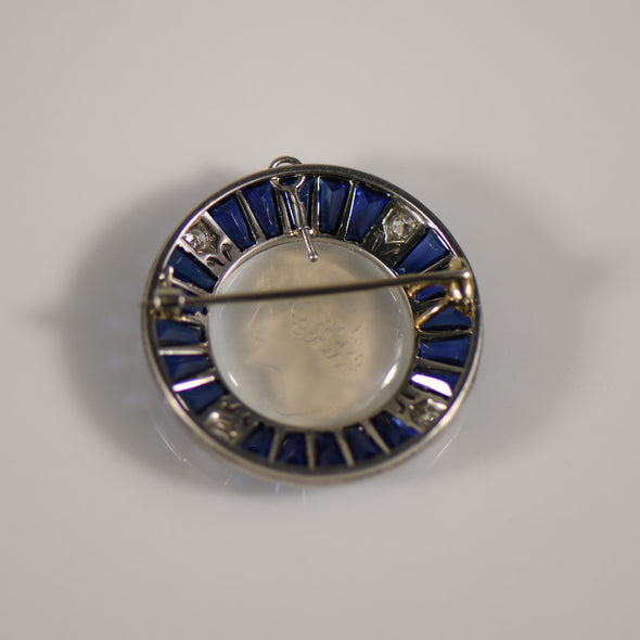 Art Deco Platinum Moonstone Cameo W/ Synthetic Sapphires