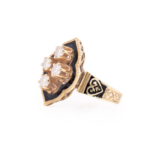 Victorian 14K Yellow Gold Alhambra Four Stone Fashion Ring from the right  showing prong details 