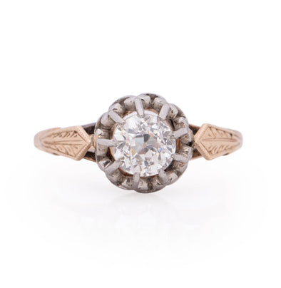 Art Deco Two Tone Vintage Old European Cut "Fleure Di Lies" Solitaire Antique Diamond Engagement Ring from the top 