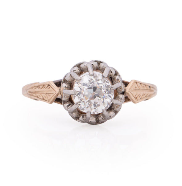 Art Deco Two Tone Vintage Old European Cut "Fleure Di Lies" Solitaire Antique Diamond Engagement Ring from the top 
