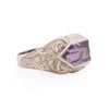 Art Deco 14K White Gold Filigree Carved Amethyst Unisex Vintage Statement Ring from the left highlighting the flowing carved details 